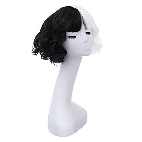 MAGQOO Half Black White Wig with Bangs Women Girls Short Curly Wavy Wig Black and White Hair Wigs Halloween Cosplay Costume Party Wig - Image 2