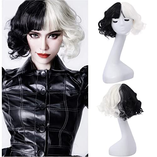 MAGQOO Half Black White Wig with Bangs Women Girls Short Curly Wavy Wig Black and White Hair Wigs Halloween Cosplay Costume Party Wig - Image 1