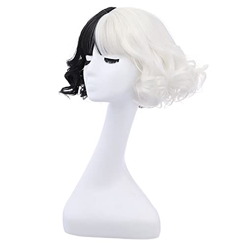 MAGQOO Half Black White Wig with Bangs Women Girls Short Curly Wavy Wig Black and White Hair Wigs Halloween Cosplay Costume Party Wig - Image 3