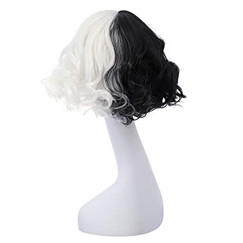 MAGQOO Half Black White Wig with Bangs Women Girls Short Curly Wavy Wig Black and White Hair Wigs Halloween Cosplay Costume Party Wig - Image 4
