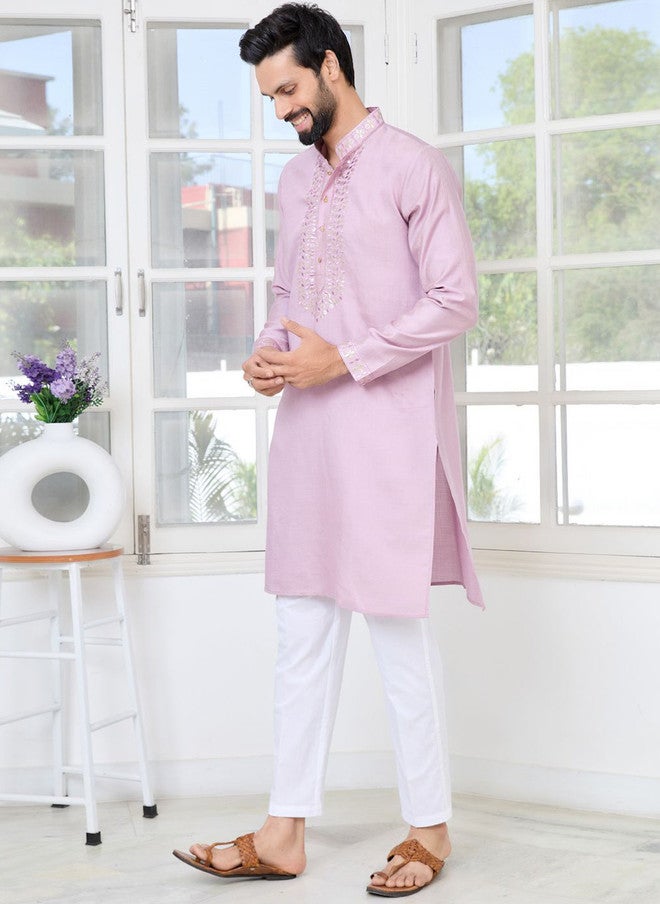 see designs Purple Woven Design Cotton Kurta with Pyjama for Men - Image 4