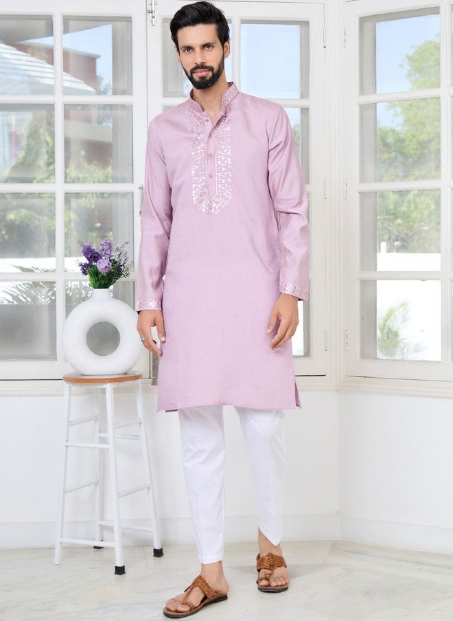 see designs Purple Woven Design Cotton Kurta with Pyjama for Men - Image 1