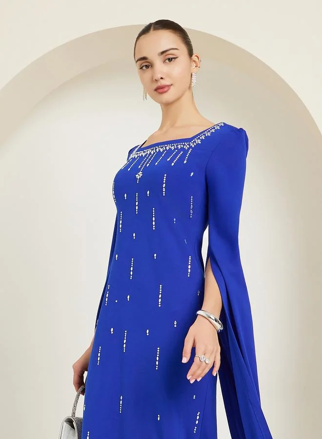 Styli Blue Embellished Long Sleeves Sheath Maxi Dress
