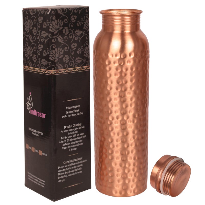 INDTRESOR Pure Copper Water Bottle - Handcrafted - Ayurveda health benefits - Large 35 oz - Leak proof - Easy to carry for Sports, Fitness, Yoga, School - White Base Petals Vines Motifs Enamel - Image 1