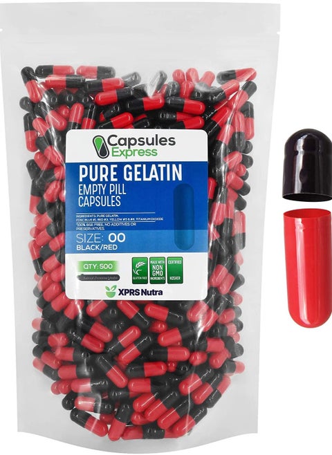 XPRS Nutra Size 00 Empty Capsules - 500 Count Empty Gelatin Capsules - Capsules Express Empty Pill Capsules - DIY Capsule Filling - Fillable Pill Capsules Empty Gel Caps (Black / Red)