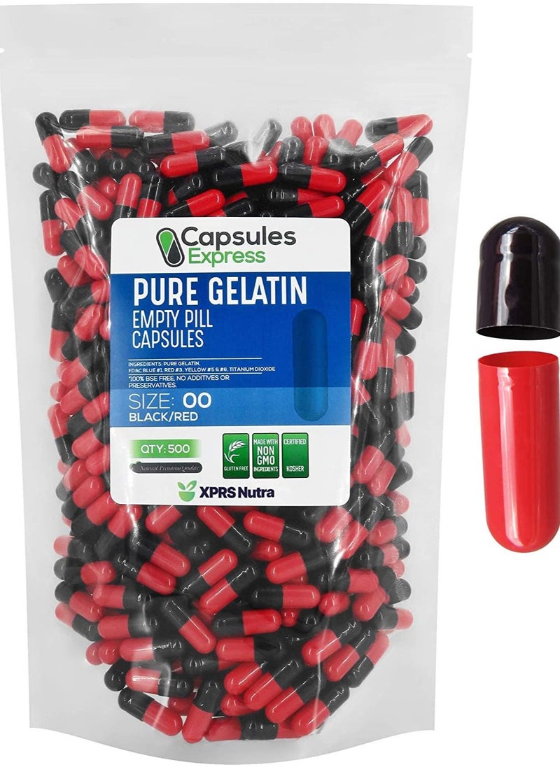 XPRS Nutra - XPRS Nutra Size 00 Empty Capsules - 500 Count Empty Gelatin Capsules - Capsules Express Empty Pill Capsules - DIY Capsule Filling - Fillable Pill Capsules Empty Gel Caps (Black / Red) - Image 1