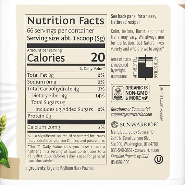 Sunwarrior Organic Psyllium Husk Powder – Plant-Based Fiber for Gut Health & Regularity – Supports Digestion & Satiety – Certified Organic, Gluten-Free, Non-GMO, Keto-Friendly – 11.6 oz - Image 2