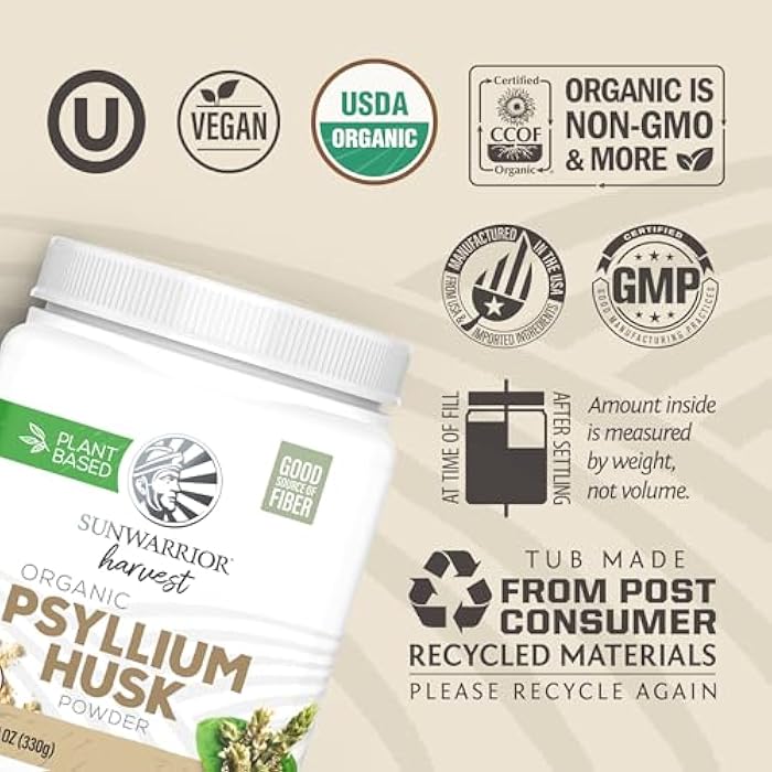 Sunwarrior Organic Psyllium Husk Powder – Plant-Based Fiber for Gut Health & Regularity – Supports Digestion & Satiety – Certified Organic, Gluten-Free, Non-GMO, Keto-Friendly – 11.6 oz - Image 3