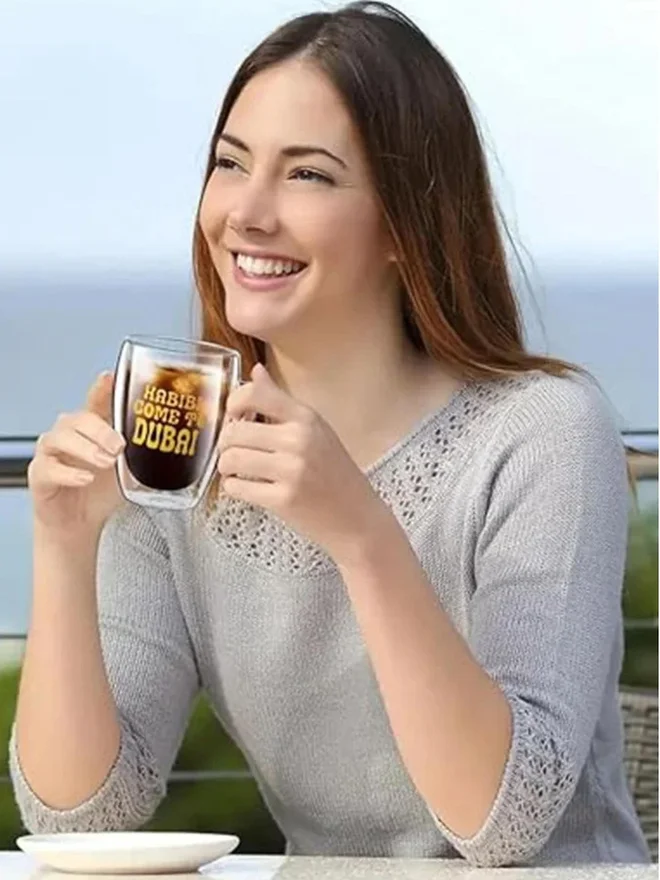 1 تشيس 1CHASE Set of 2 - Borosilicate Double Wall Habibi Come to Dubai Printed Glass Cup, 350ml
