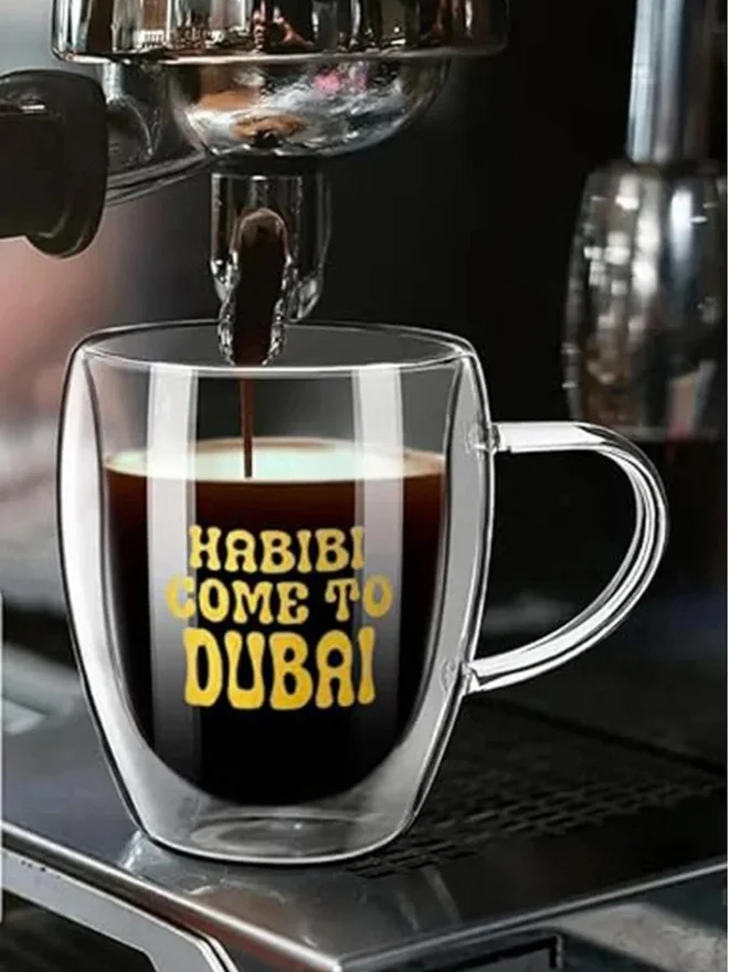 1Chase  1CHASE Set of 2 - Borosilicate Double Wall Habibi Come to Dubai Printed Glass Cup, 350ml  | Best Price UAE