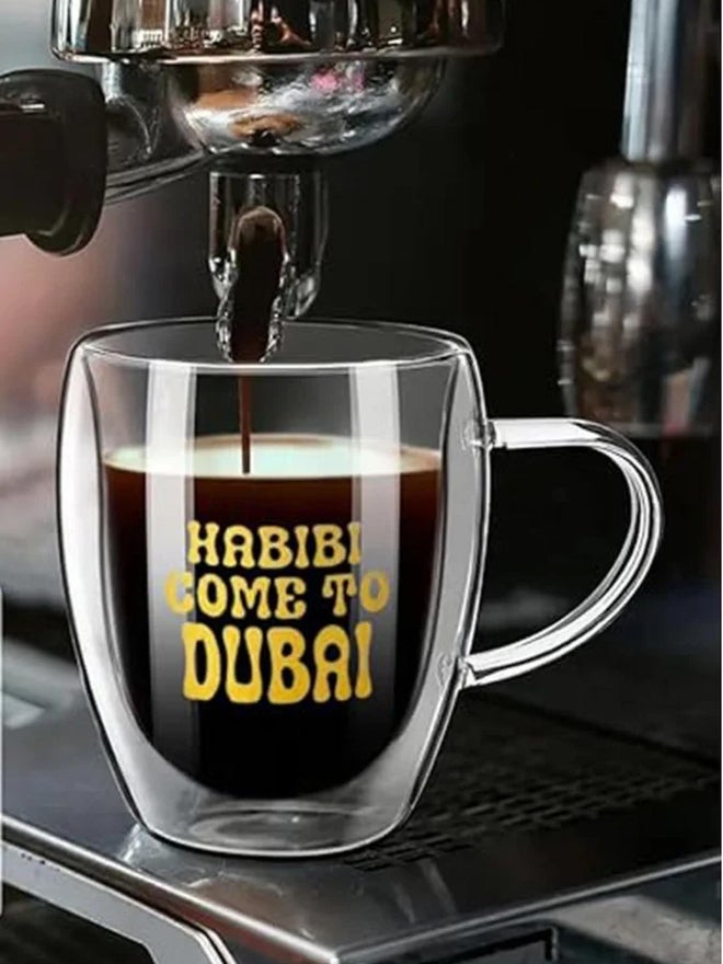 1CHASE Set of 2 - Borosilicate Double Wall Habibi Come to Dubai Printed Glass Cup, 350ml - Image 3