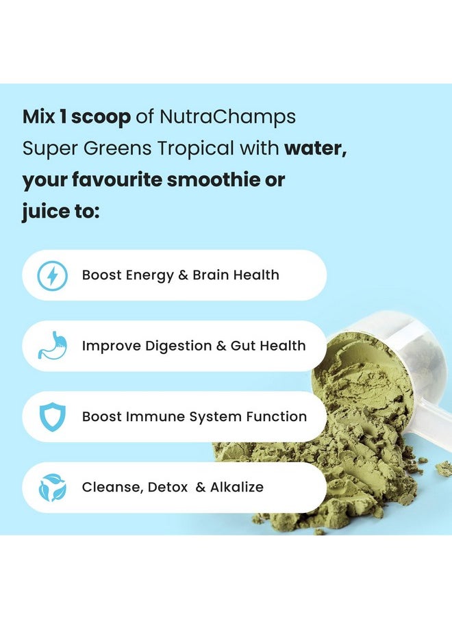 ناتشوراتشامبس - مسحوق الخضروات الخضراء الفائقة الجودة من NutraChamps | أكثر من 20 نوعًا من الأطعمة الكاملة العضوية الخضراء | البرسيم، والسبيرولينا، والكلوريلا والمزيد | مزيج من مضادات الأكسدة والإنزيمات الهضمية والبروبيوتيك | تروبيكال - Image 1