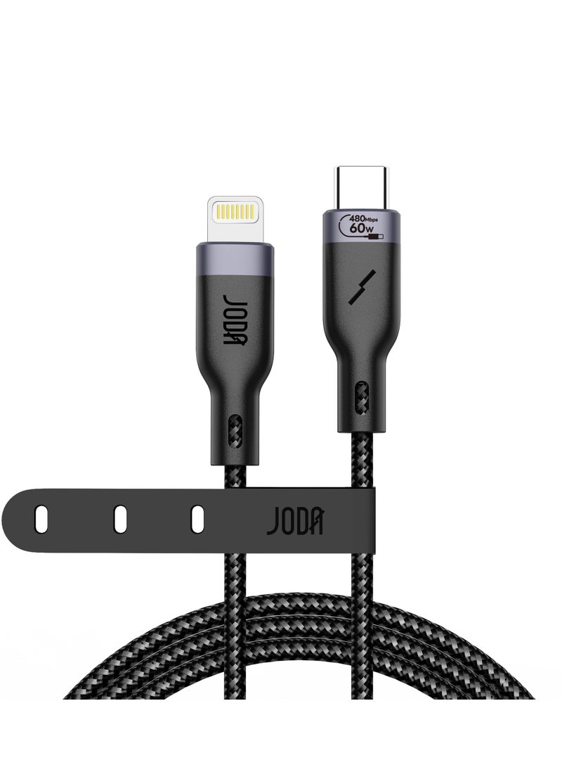 JODA 60W USB-C to Lightning Nylon Braided Cable - 2M Length - Black - Image 1