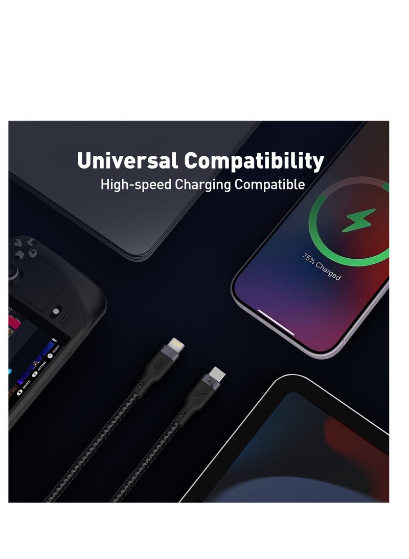 JODA 60W USB-C to Lightning Nylon Braided Cable - 2M Length - Black - Image 3