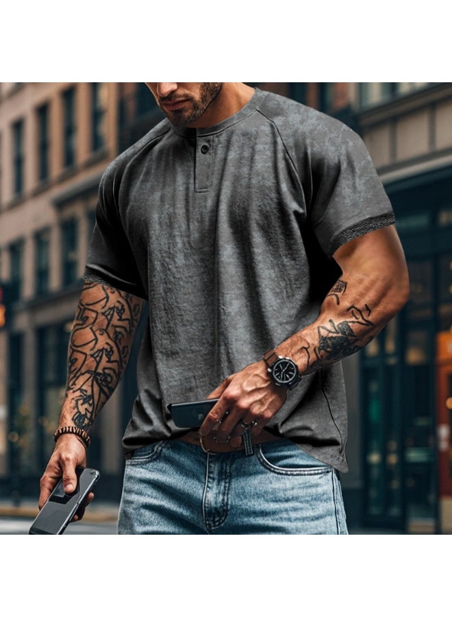 Vintage Distressed Henley Neck Short Sleeve Men's T-shirt Heavy Weight Slim Fit Shoulder Insert American Style Oversized Casual - Image 1