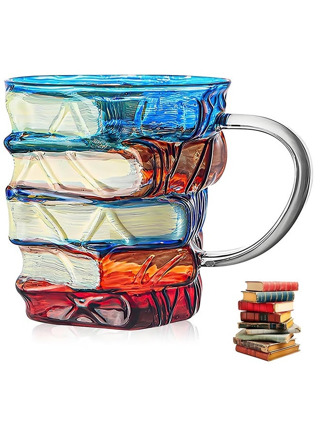 سعيد كوب كتاب مرسوم 330 مل - كوب قهوة شفاف ثلاثي الأبعاد بمقبض على شكل كومة كتب، كوب زجاجي لطيف ومضحك مع ملعقة، هدية فريدة للقراء والكتاب وأمناء المكتبات والنساء - هدية عيد الأضحى في السعودية - Image 1