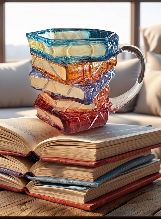 سعيد كوب كتاب مرسوم 330 مل - كوب قهوة شفاف ثلاثي الأبعاد بمقبض على شكل كومة كتب، كوب زجاجي لطيف ومضحك مع ملعقة، هدية فريدة للقراء والكتاب وأمناء المكتبات والنساء - هدية عيد الأضحى في السعودية - Image 2