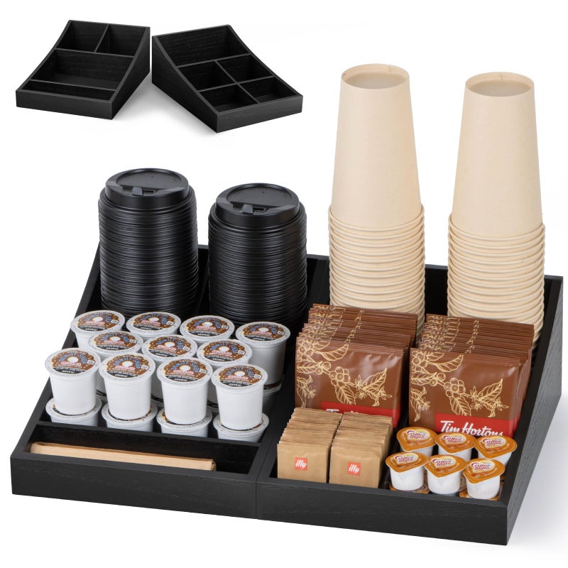 ANBOXIT منظم محطة القهوة ANBOXIT لتخزين التوابل على سطح الطاولة لوازم بار القهوة للمنزل والمكتب وغرفة الاستراحة خشبي أسود 9 مقصورات 2 في 1