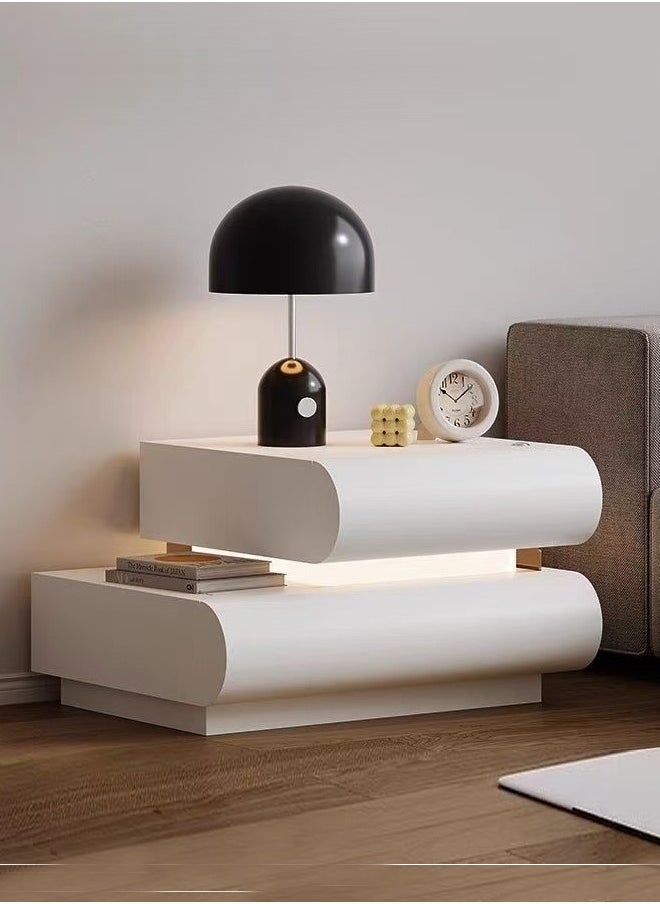 C&C Home Multipurpose Use Unique Luxury Design 2 Drawers Nightstand Durable Solid Wood Structure Wrapped with Microfiber Leather Side Table Decorative LED Light Bedside Table Display Table for Bedroom Living Room 50x40x42 cm (Fully Assembled)  - Image 2