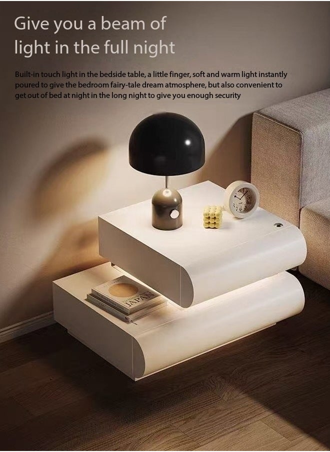 C&C Home Multipurpose Use Unique Luxury Design 2 Drawers Nightstand Durable Solid Wood Structure Wrapped with Microfiber Leather Side Table Decorative LED Light Bedside Table Display Table for Bedroom Living Room 50x40x42 cm (Fully Assembled)  - Image 3