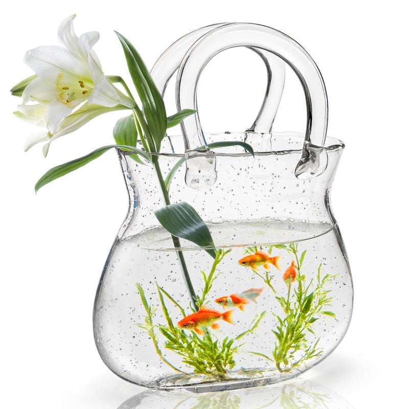 Jowgut Glass Purse Vase for Flowers, Clear Bag Vase with Handle, Unique Handbag Shape Decorative Fish Bowl for Cute Room Table Shelf Decor, Wedding Centerpiece - Image 1