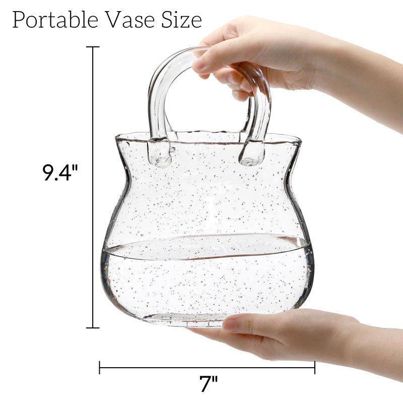 Jowgut Glass Purse Vase for Flowers, Clear Bag Vase with Handle, Unique Handbag Shape Decorative Fish Bowl for Cute Room Table Shelf Decor, Wedding Centerpiece - Image 2