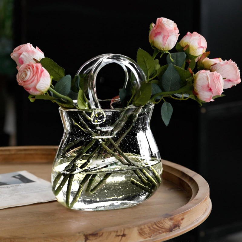 Jowgut Glass Purse Vase for Flowers, Clear Bag Vase with Handle, Unique Handbag Shape Decorative Fish Bowl for Cute Room Table Shelf Decor, Wedding Centerpiece - Image 3