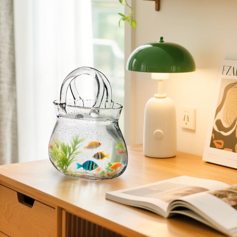 Jowgut Glass Purse Vase for Flowers, Clear Bag Vase with Handle, Unique Handbag Shape Decorative Fish Bowl for Cute Room Table Shelf Decor, Wedding Centerpiece - Image 5