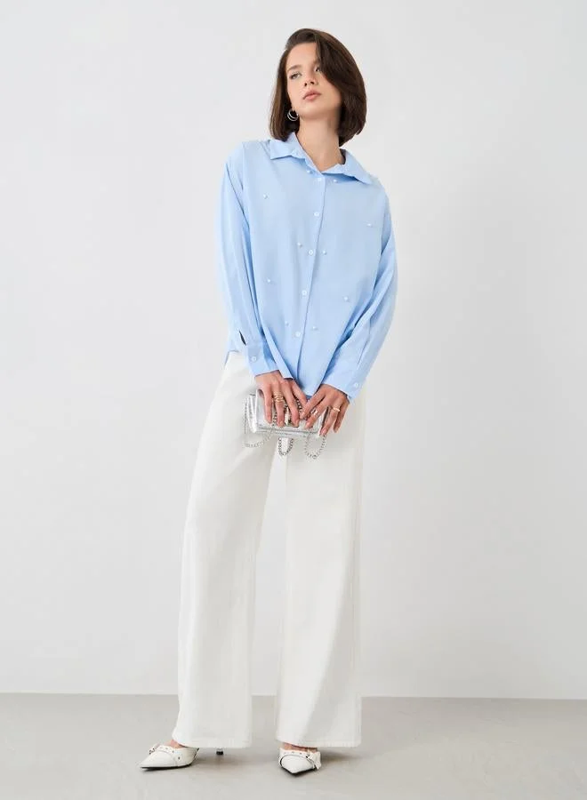 تايك تو قميص واسع بياقة مزخرفة