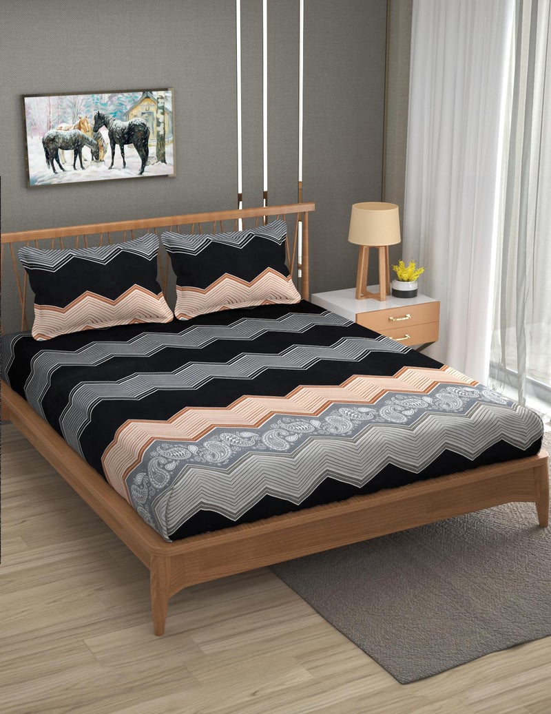 Furnofy Premium Wave Pattern Printed Double Bedsheet Set – Black, Grey & Peach (90x100 Inches) with 2 Pillow Covers – Flat - Image 2