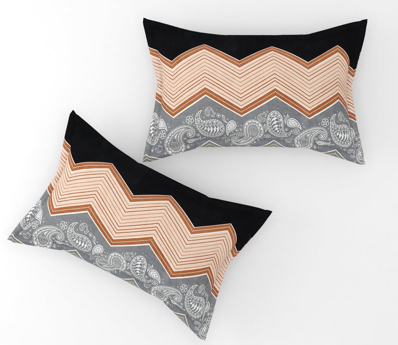 Furnofy Premium Wave Pattern Printed Double Bedsheet Set – Black, Grey & Peach (90x100 Inches) with 2 Pillow Covers – Flat - Image 4