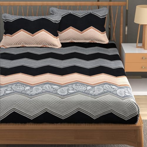 Furnofy Premium Wave Pattern Printed Double Bedsheet Set – Black, Grey & Peach (90x100 Inches) with 2 Pillow Covers – Flat - Image 1
