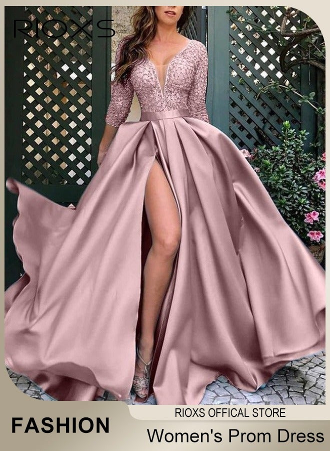 RIOXS Womens Lace Sequin High Split Large Hem Gown High Waist Slimming Long Dress Elegant Wedding After-party Party Dress for Ladies  - Image 1