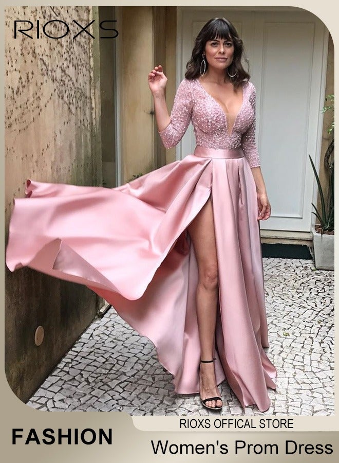RIOXS Womens Lace Sequin High Split Large Hem Gown High Waist Slimming Long Dress Elegant Wedding After-party Party Dress for Ladies  - Image 4