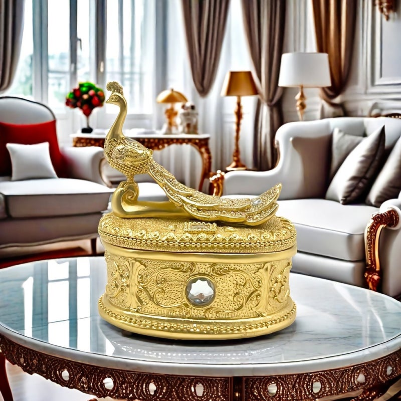 1 Piece Golden Peacock Statue Jewelry Box, Resin Modern Desktop Jewelry Organizer, Dressing Table Accessory Box, Living Room Bedroom Home Decor Storage Box, Ideal Gift for Mother's Day, Valentine's Day, Graduation, Holidays, and Birthdays - Image 1