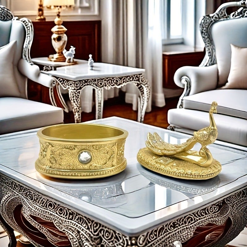 1 Piece Golden Peacock Statue Jewelry Box, Resin Modern Desktop Jewelry Organizer, Dressing Table Accessory Box, Living Room Bedroom Home Decor Storage Box, Ideal Gift for Mother's Day, Valentine's Day, Graduation, Holidays, and Birthdays - Image 2