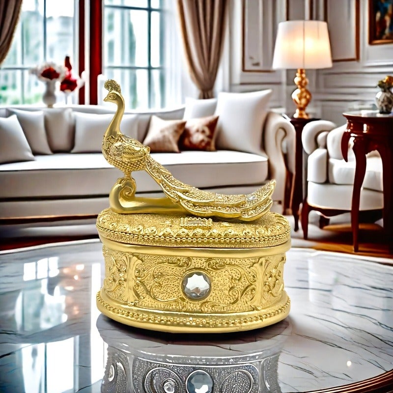 1 Piece Golden Peacock Statue Jewelry Box, Resin Modern Desktop Jewelry Organizer, Dressing Table Accessory Box, Living Room Bedroom Home Decor Storage Box, Ideal Gift for Mother's Day, Valentine's Day, Graduation, Holidays, and Birthdays - Image 5