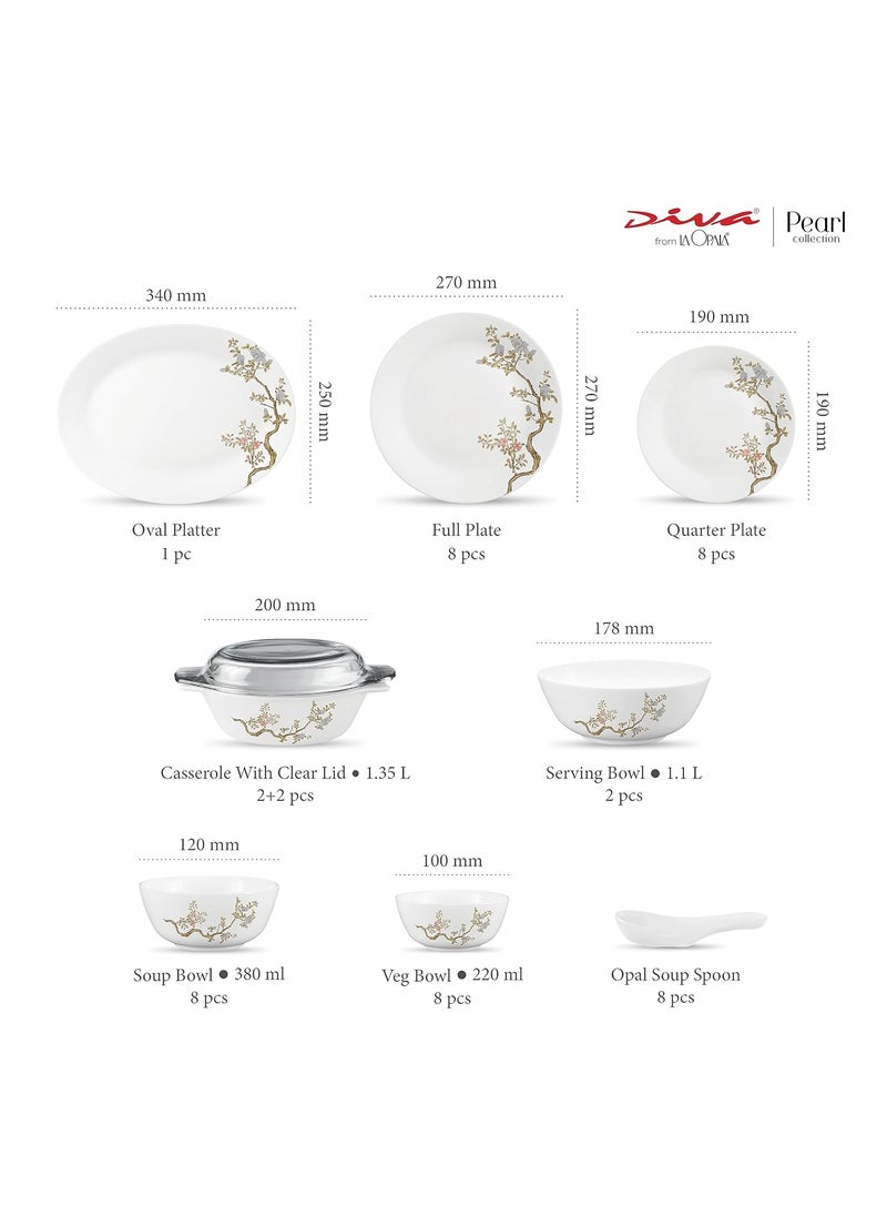 La Opala Diva by La Opala, Pearl Collection, Opal Glass Dinner Set 47 pcs, Zen Garden, White  - Image 3