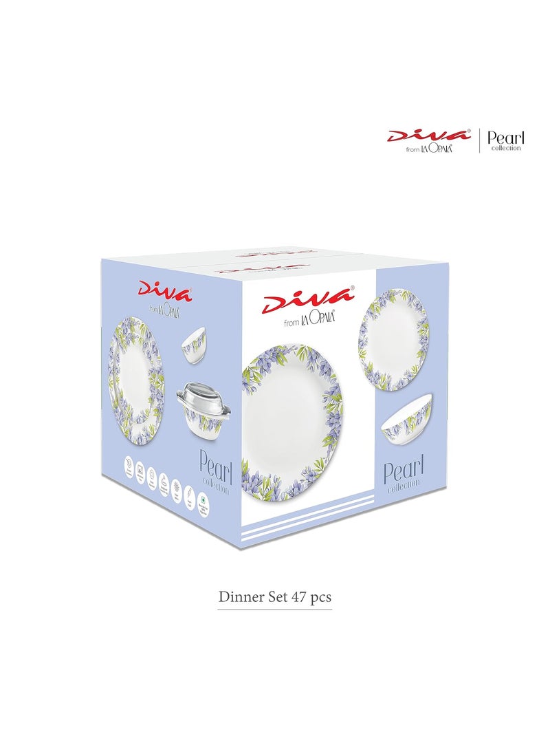 La Opala Diva by La Opala, Pearl Collection, Opal Glass Dinner Set 47 pcs, Zen Garden, White  - Image 5