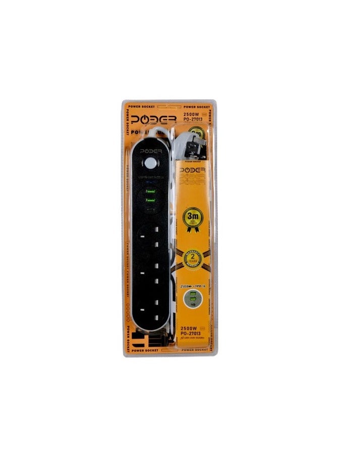 Podere Poder Power Socket, Best Power Extension Cable 03 Socket Strong and Durable 2500 watt,  2 USB Port,  1-Type-C Port Fast Charging 