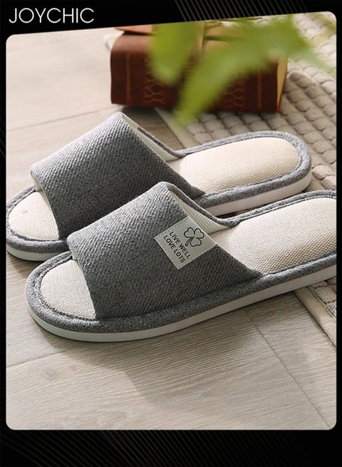 New Style Men Home Linen Slipper Indoor Non-slip Wear-resistant Bedroom Slipper Sweat-absorbing and Breathable Flat Slides Grey for All Seasons