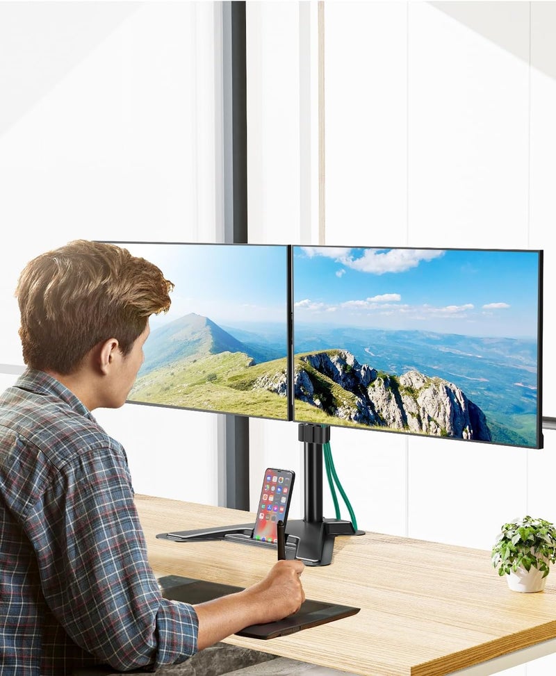 MOUNT PRO Dual Monitor Stand, Free-Standing Full Motion Monitor Desk Mount Fits 2 Screens up to 27 inches,17.6lbs with Height Adjustable, Swivel, Tilt, Rotation, VESA 75x75 100x100, Black - Image 2