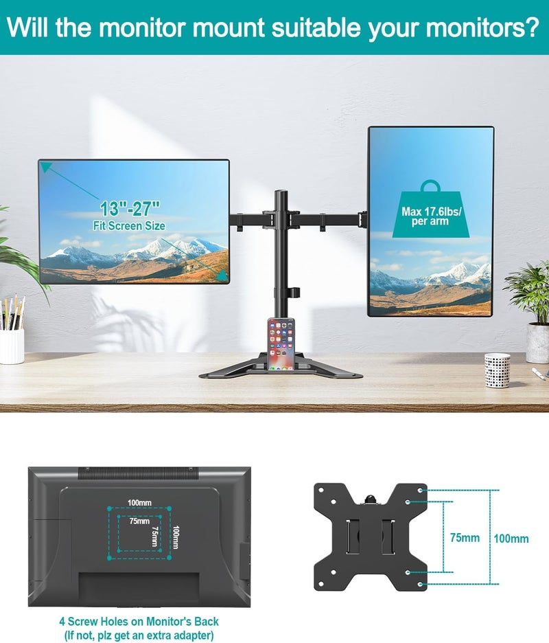 MOUNT PRO Dual Monitor Stand, Free-Standing Full Motion Monitor Desk Mount Fits 2 Screens up to 27 inches,17.6lbs with Height Adjustable, Swivel, Tilt, Rotation, VESA 75x75 100x100, Black - Image 4