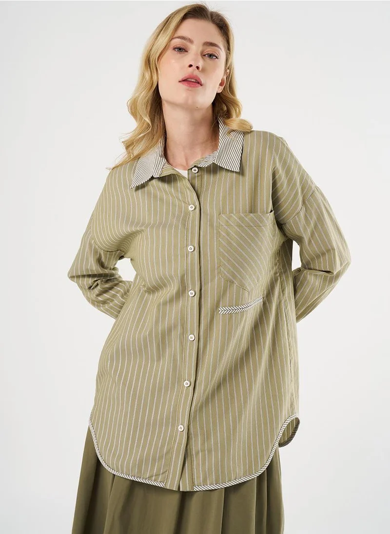 Kayra Shirt Collar Tunic with Pattern Details, Khaki