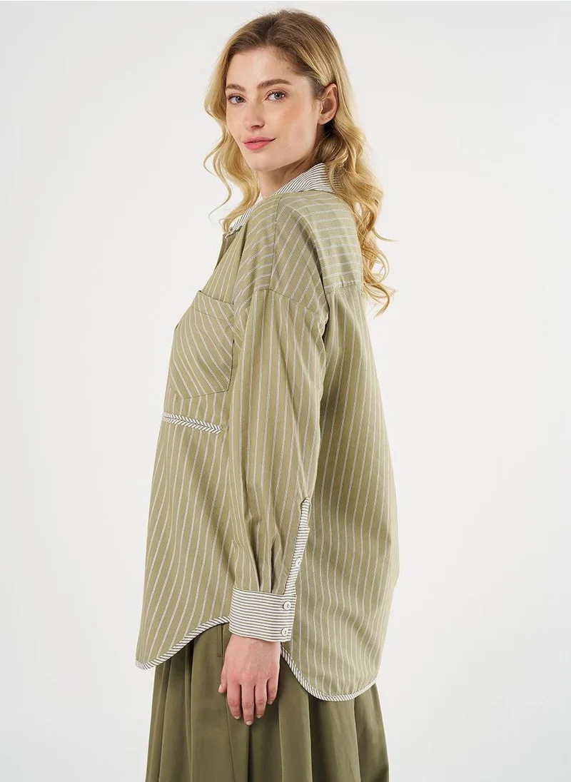 Kayra Shirt Collar Tunic with Pattern Details, Khaki
