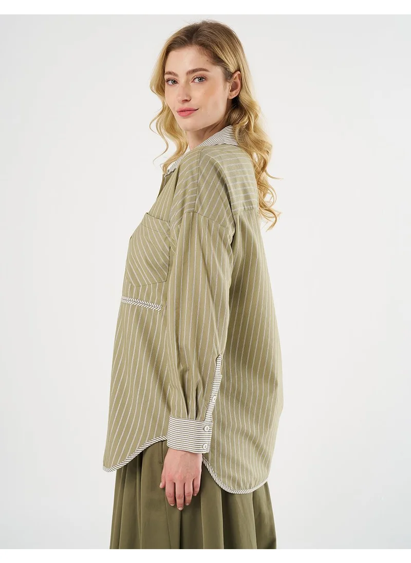 Kayra Shirt Collar Tunic with Pattern Details, Khaki