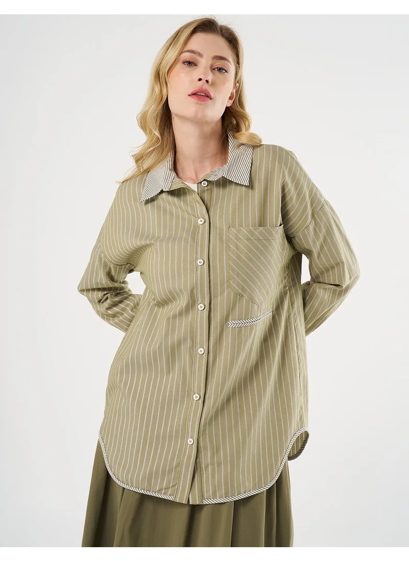 Kayra Shirt Collar Tunic with Pattern Details, Khaki