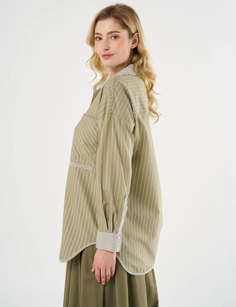 Kayra Shirt Collar Tunic with Pattern Details, Khaki
