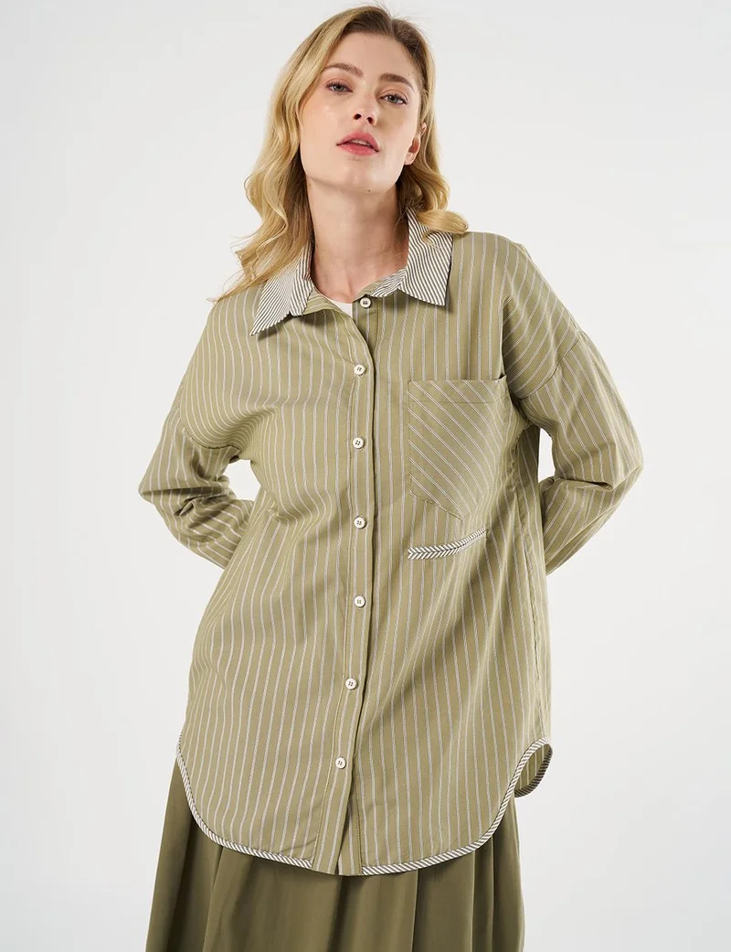 Kayra Shirt Collar Tunic with Pattern Details, Khaki