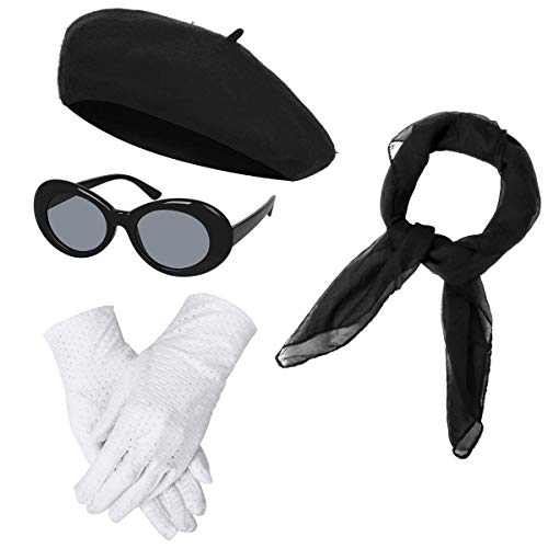 BengPro Women Girls French Themed Party Beret Hat Chiffon Scarf Gloves Retro Oval Sunglasses Fancy Dress Costume accessories Set (Black) - Image 1